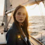 Young woman standing confidently at the bow of a sailboat with Atlantic Ocean and sunset glow