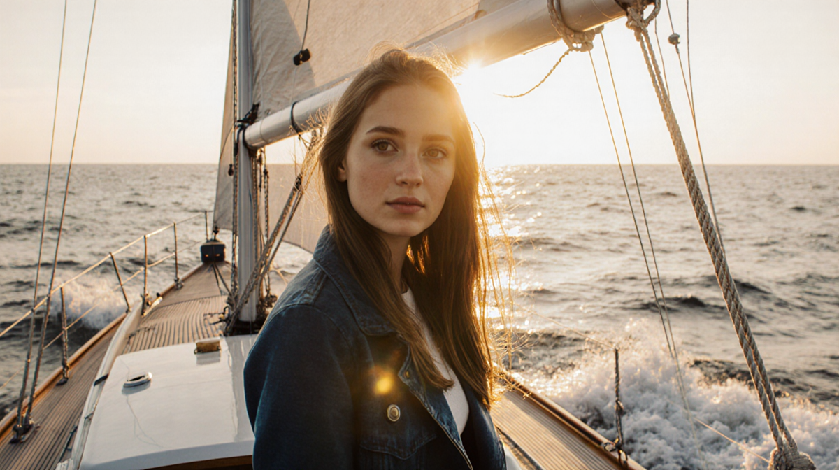 Young woman standing confidently at the bow of a sailboat with Atlantic Ocean and sunset glow