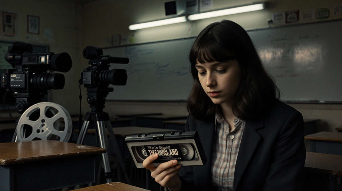 Young woman holds This Is England VHS tape with film reels and video cameras in dim classroom