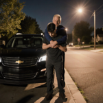 Homeowner restraining young man with arm over shoulder and wrist hand in driveway near a black Chevy Traverse