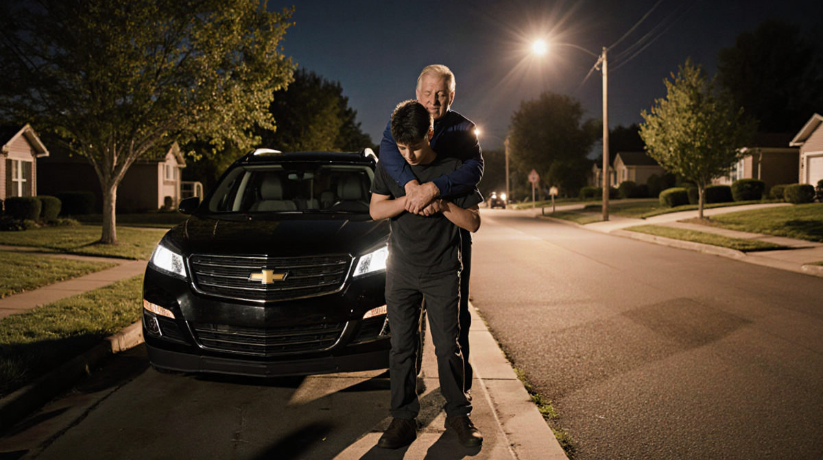 Homeowner restraining young man with arm over shoulder and wrist hand in driveway near a black Chevy Traverse
