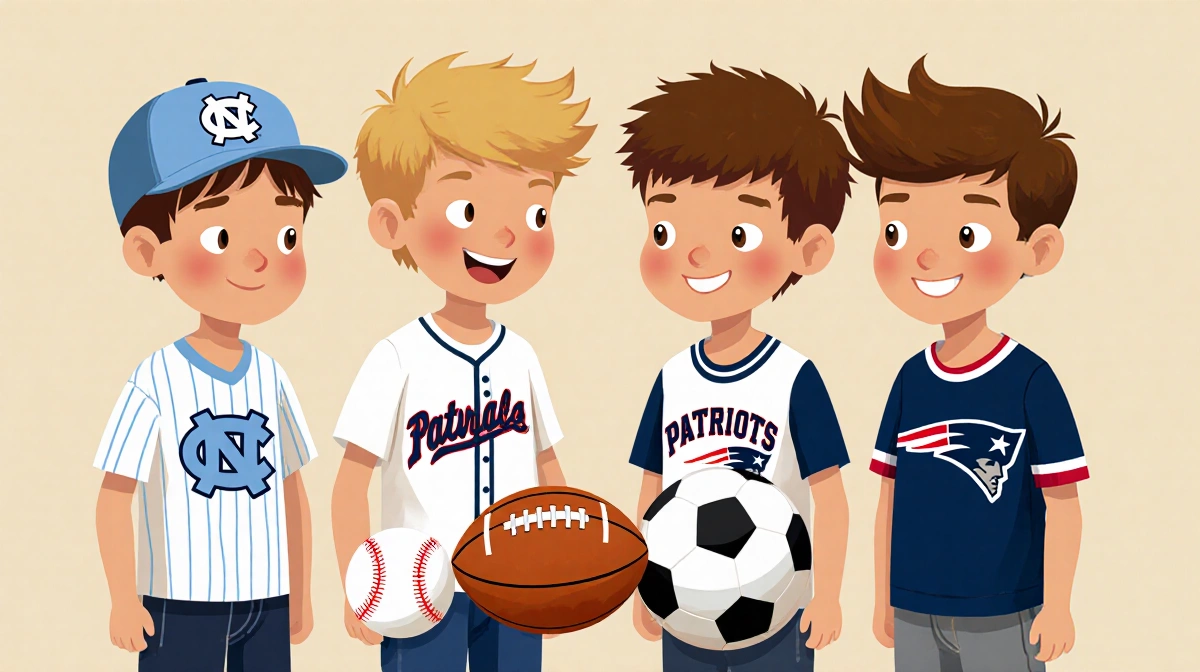 Four boys in athletic gear stand with sports balls showing UNC baseball and Patriots football jersey