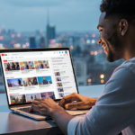 YouTube creator smiles at laptop screen showing AI-generated Shorts with a warm glow and blurred city lights behind