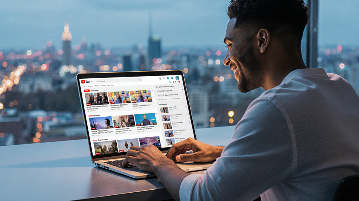 YouTube creator smiles at laptop screen showing AI-generated Shorts with a warm glow and blurred city lights behind