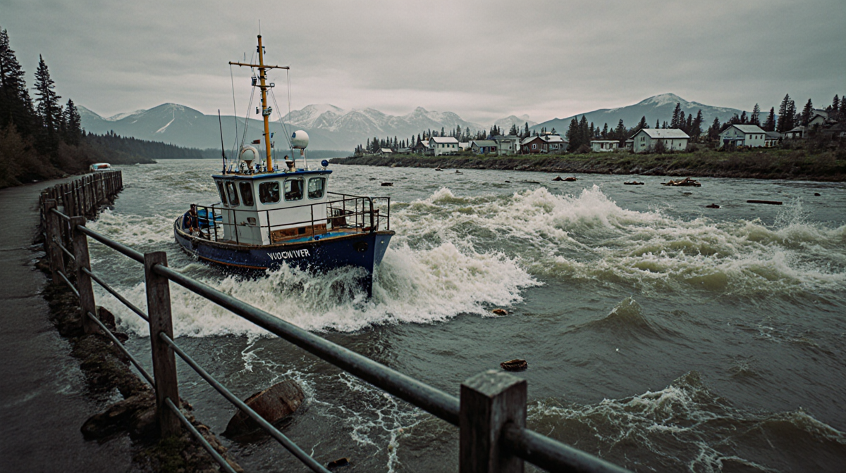 Yukon River rages with waves and debris as a small boat docks near railing and a village submerged