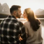 Yung Gravy and Ari Kytsya holding hands at sunset by alpine lake with mountains and trees behind