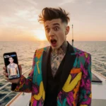 Yungblud stands on yacht deck with phone showing TMZ photo of himself and sunset behind