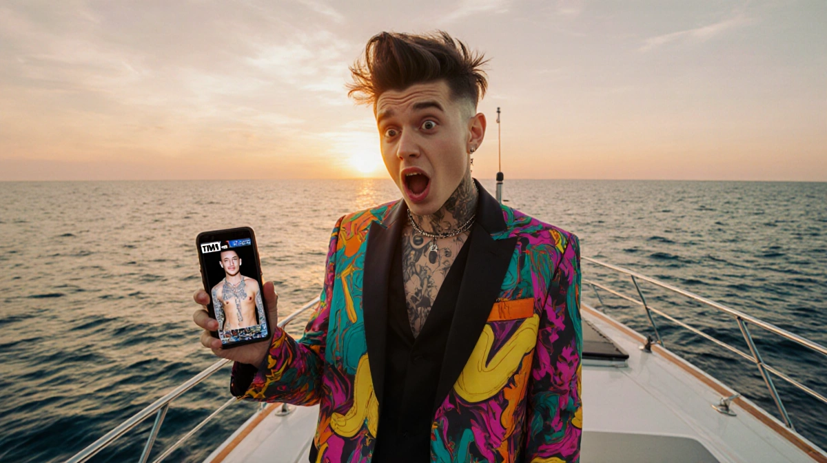 Yungblud stands on yacht deck with phone showing TMZ photo of himself and sunset behind