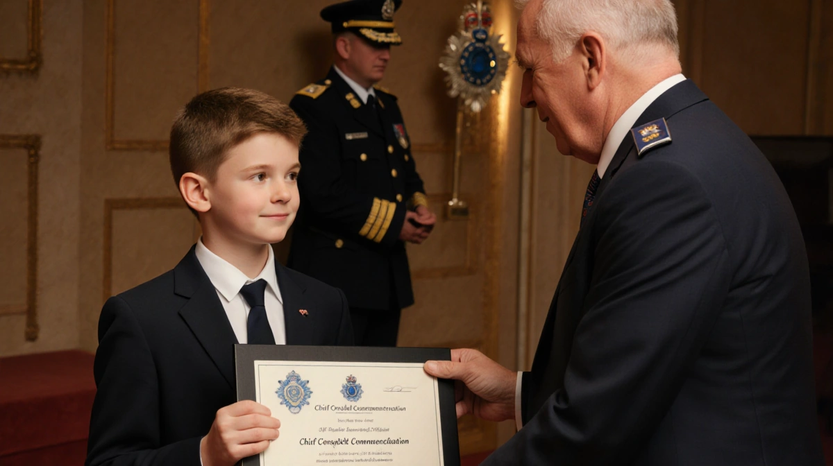 Young boy in suit receiving Chief Constable Commendation plaque with police chief and badge visible behind