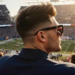 Zac Efron watches Patriots game from stadium seat with fans around him and sunset reflecting in his sunglasses