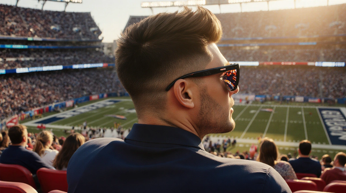 Zac Efron watches Patriots game from stadium seat with fans around him and sunset reflecting in his sunglasses