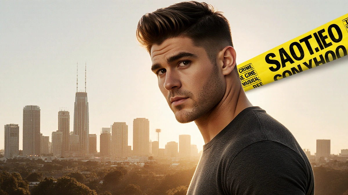 Zac Efron stands confidently in front of the Hollywood sign with crime scene tape and news headlines referencing his High Sch