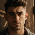 Zac Efron stands confidently before a worn wooden door with faint Disney musical symbols etched into the grain and soft light