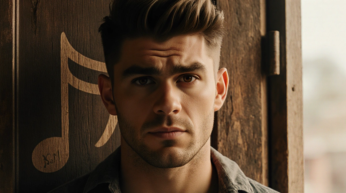 Zac Efron stands confidently before a worn wooden door with faint Disney musical symbols etched into the grain and soft light