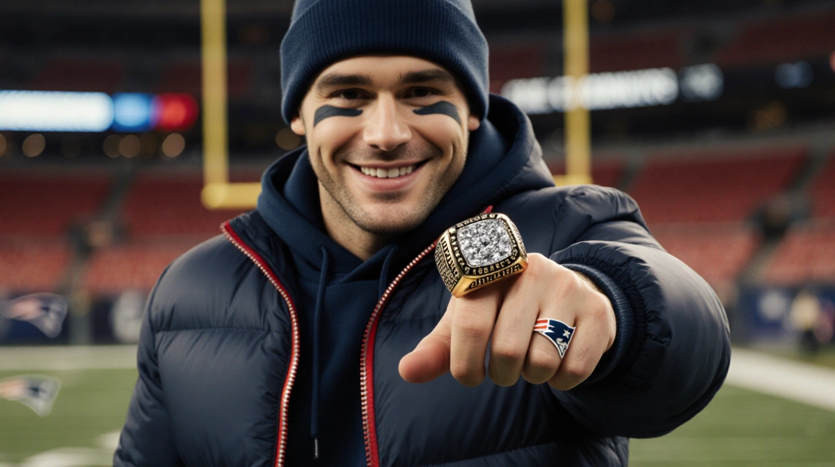 Zac Efron smiling and holding Tom Brady's Patriots championship ring on his middle finger with stadium blurred behind him
