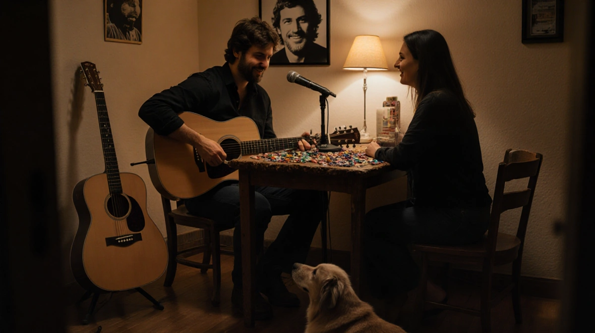 Zach Bryan playing guitar with his wife smiling and dog lying at their feet in warm room