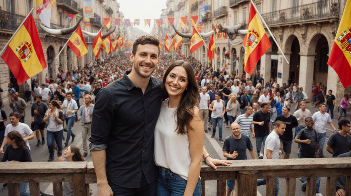 Zach Bryan and Samantha Leonard pose together with smiling faces amid a Running of the Bulls crowd and vibrant bull horns.