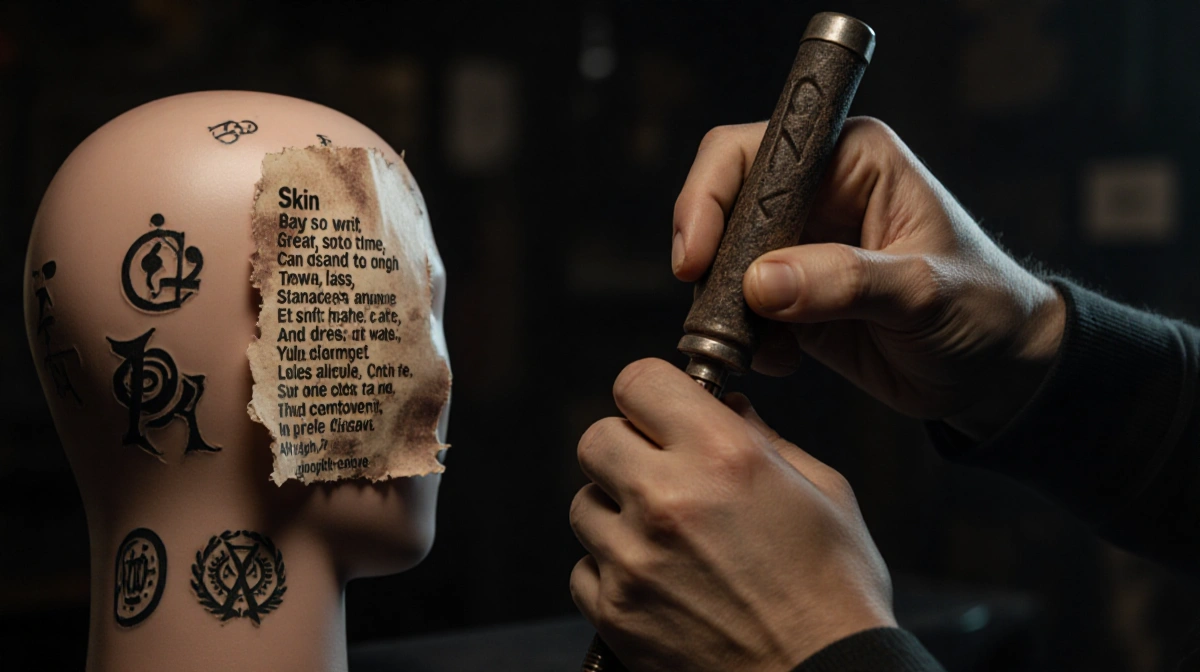 Tattoo artist carving patterns into mannequin skin with removal lyrics pinned to wall and worn metal tool