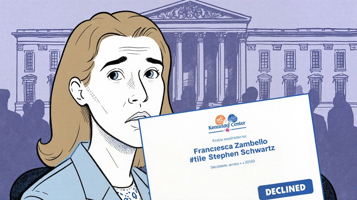 Francesca Zambello glances at a declined email invitation on her desk with a Kennedy Center backdrop