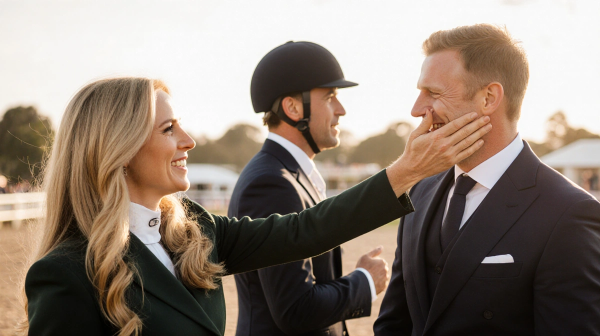 Zara Tindall playfully touching Mike's face with Delfina and Nacho Figueras chatting nearby at the equestrian event