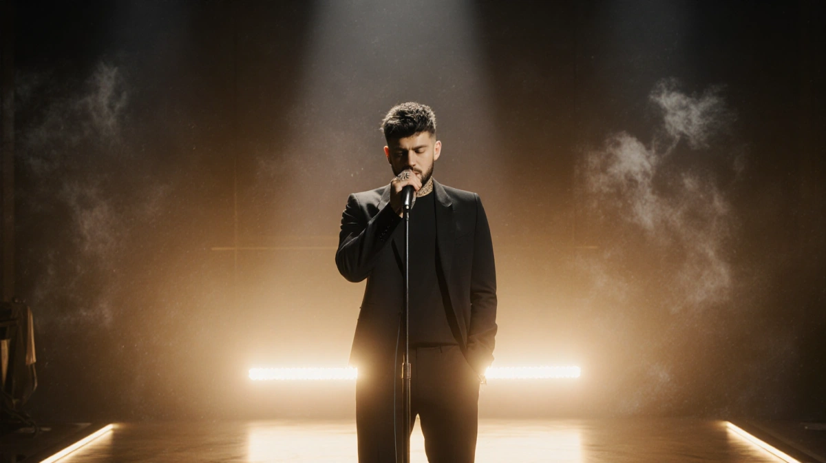 Zayn Malik singing into microphone with golden floor light and piano behind him