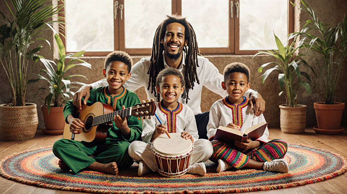Ziggy Marley standing behind children holding drum guitar book paintbrush with arms around them.