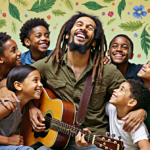 Ziggy Marley smiles with a guitar over his shoulder surrounded by seven children in a semi-circle with arms wrapped together