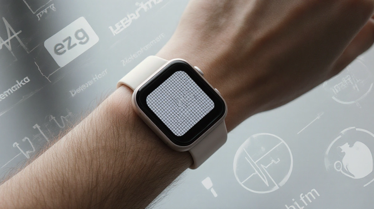 Person wearing Zio patch wristband with ECG grid overlay showing continuous heart monitoring