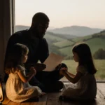 Zion Foster holding handwritten poem with twin daughters sitting at his feet and golden lantern glow