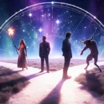Four zodiac figures stand at glowing crossroads with Aries holding torch and Taurus grounded near celestial map