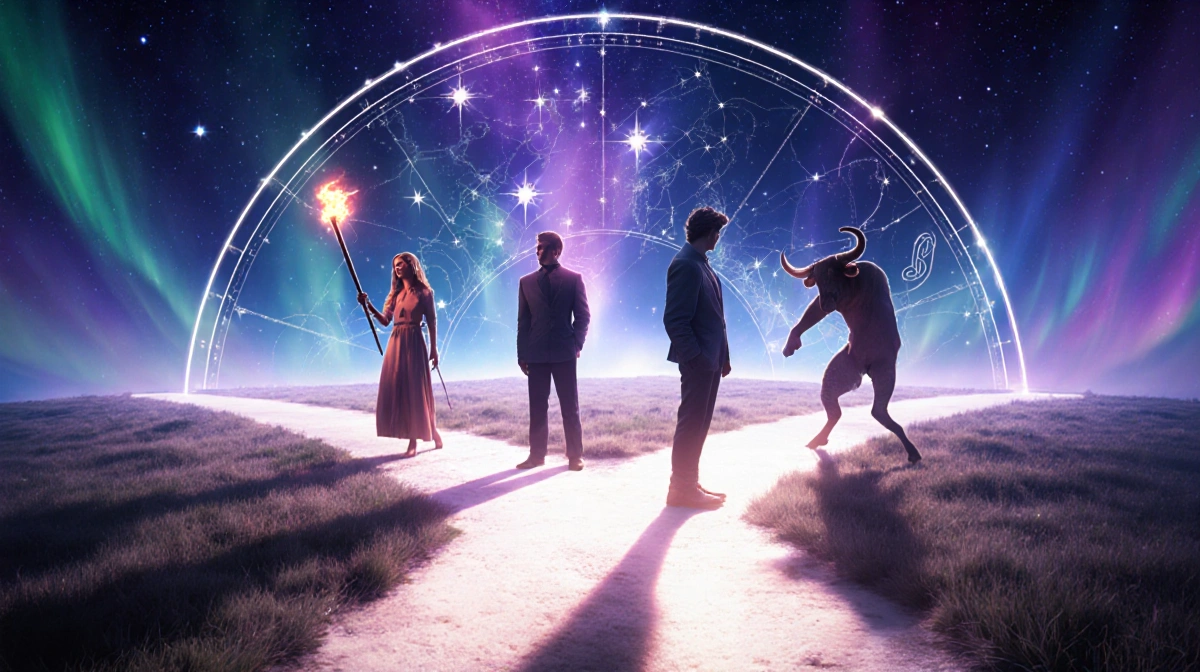 Four zodiac figures stand at glowing crossroads with Aries holding torch and Taurus grounded near celestial map