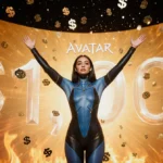Zoe Saldaña celebrates Avatar box office success with raised arms and golden flames behind her