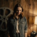 Zoey Deutch smiling with her eyes downward beside a vintage camera and warm lamp glow on a film festival Hollywood backdrop