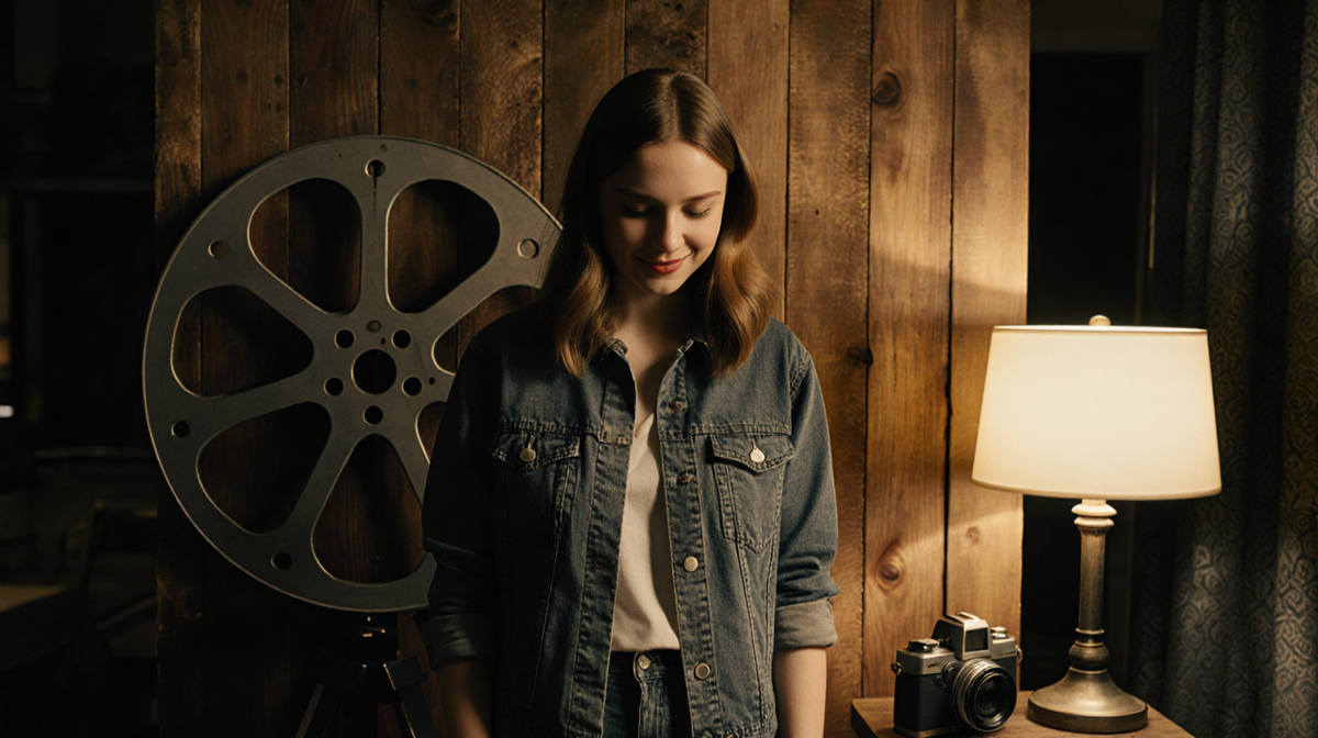 Zoey Deutch smiling with her eyes downward beside a vintage camera and warm lamp glow on a film festival Hollywood backdrop