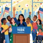 Zohran Mamdani mayor stands at podium with diverse crowd cheering and city skyline backdrop.