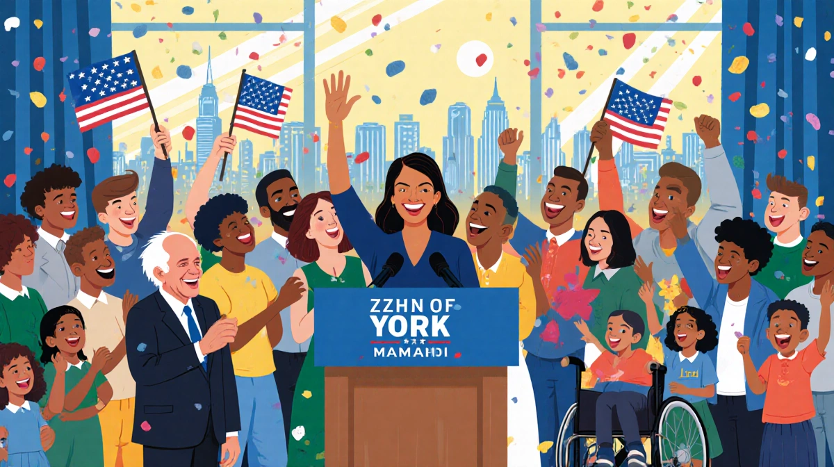 Zohran Mamdani mayor stands at podium with diverse crowd cheering and city skyline backdrop.